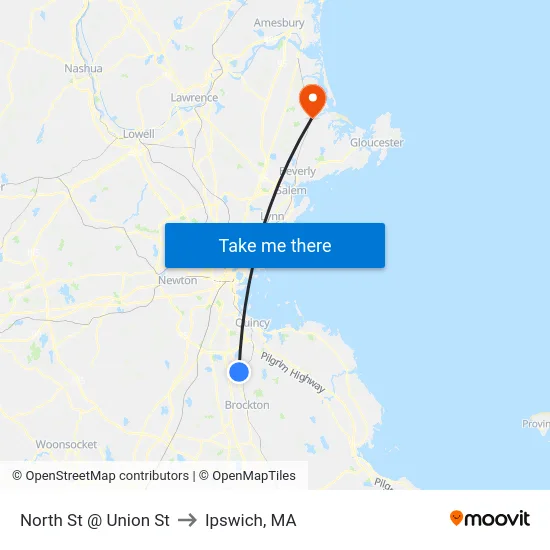 North St @ Union St to Ipswich, MA map