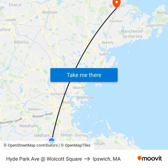 Hyde Park Ave @ Wolcott Square to Ipswich, MA map