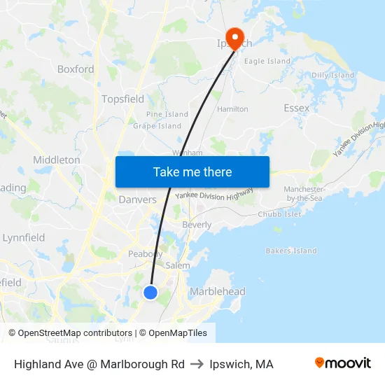 Highland Ave @ Marlborough Rd to Ipswich, MA map