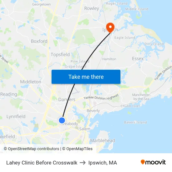 Lahey Clinic Before Crosswalk to Ipswich, MA map
