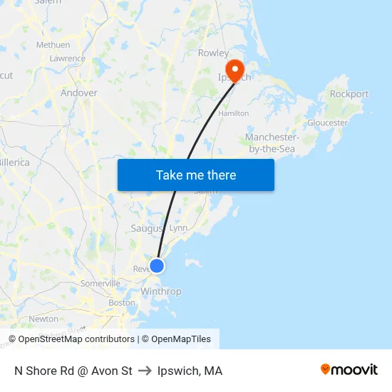 N Shore Rd @ Avon St to Ipswich, MA map