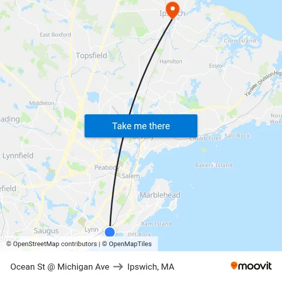 Ocean St @ Michigan Ave to Ipswich, MA map
