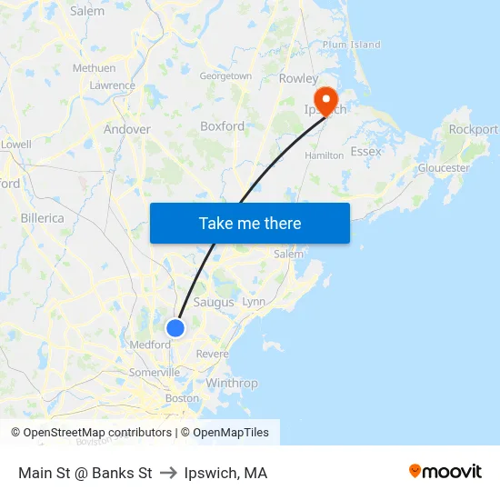 Main St @ Banks St to Ipswich, MA map