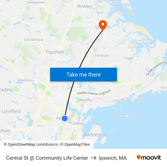 Central St @ Community Life Center to Ipswich, MA map