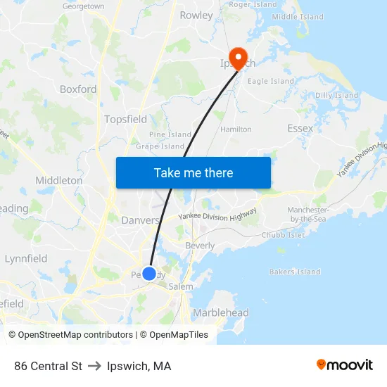 86 Central St to Ipswich, MA map