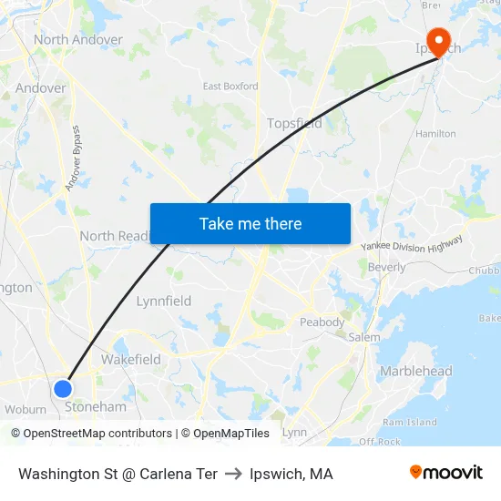 Washington St @ Carlena Ter to Ipswich, MA map