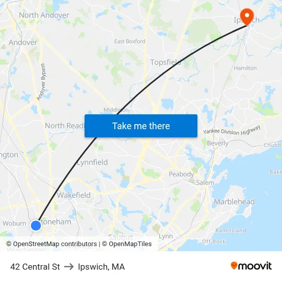 42 Central St to Ipswich, MA map