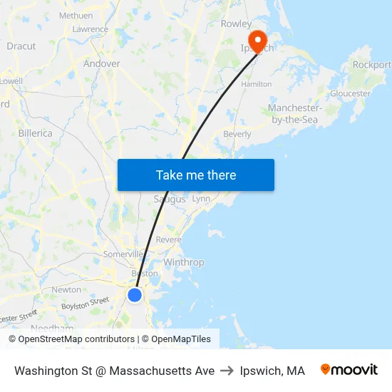 Washington St @ Massachusetts Ave to Ipswich, MA map