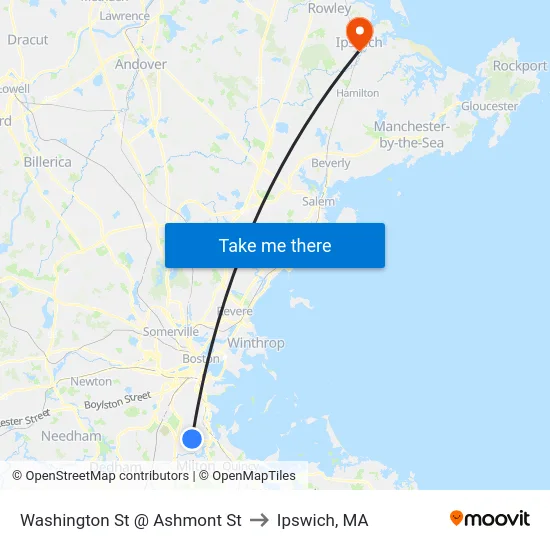 Washington St @ Ashmont St to Ipswich, MA map