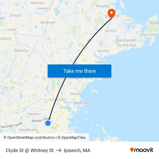 Clyde St @ Whitney St to Ipswich, MA map