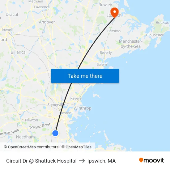 Circuit Dr @ Shattuck Hospital to Ipswich, MA map