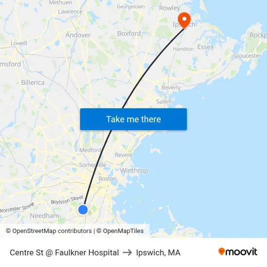Centre St @ Faulkner Hospital to Ipswich, MA map