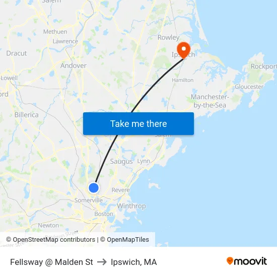 Fellsway @ Malden St to Ipswich, MA map