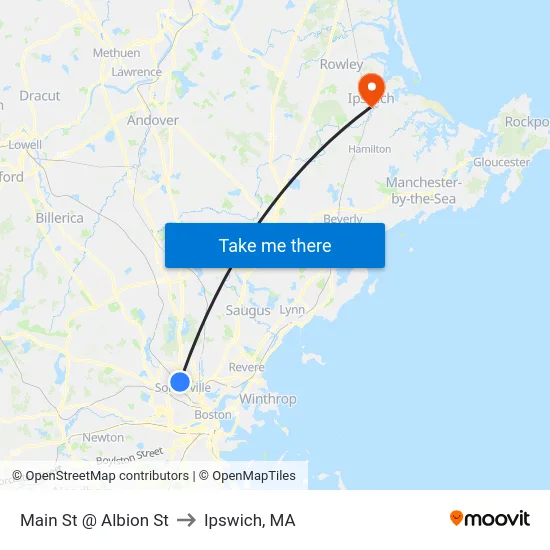 Main St @ Albion St to Ipswich, MA map