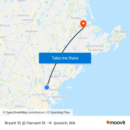 Bryant St @ Harvard St to Ipswich, MA map