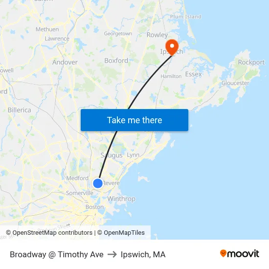 Broadway @ Timothy Ave to Ipswich, MA map