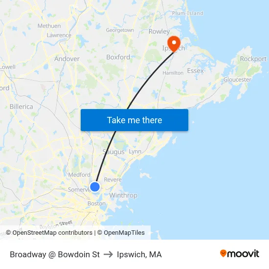 Broadway @ Bowdoin St to Ipswich, MA map