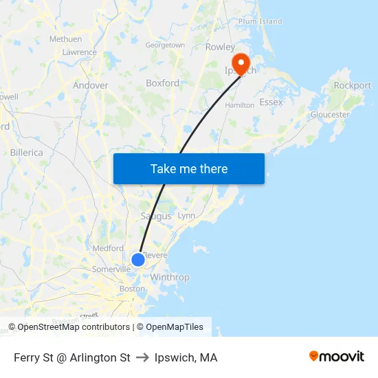 Ferry St @ Arlington St to Ipswich, MA map