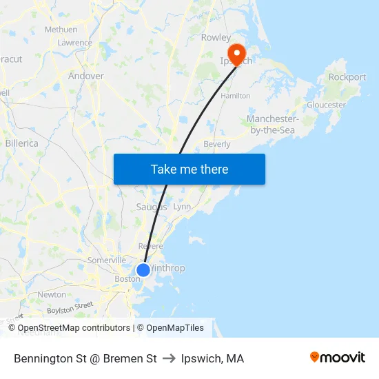 Bennington St @ Bremen St to Ipswich, MA map
