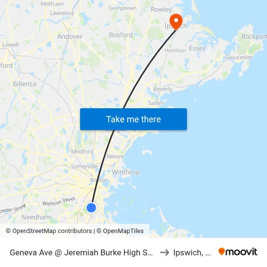 Geneva Ave @ Jeremiah Burke High School to Ipswich, MA map