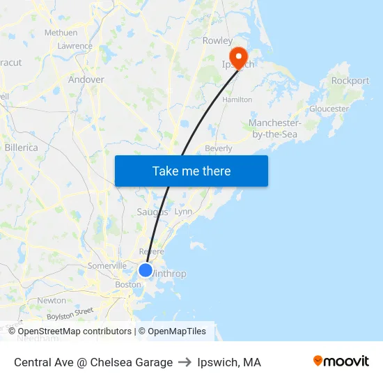 Central Ave @ Chelsea Garage to Ipswich, MA map