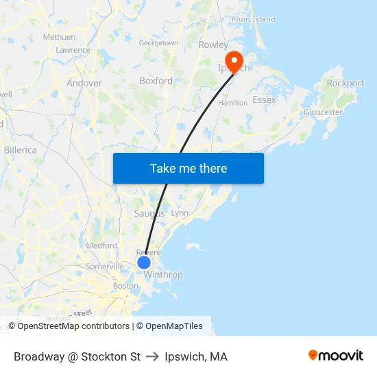 Broadway @ Stockton St to Ipswich, MA map