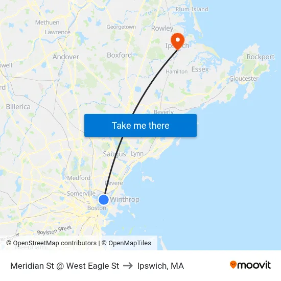 Meridian St @ West Eagle St to Ipswich, MA map