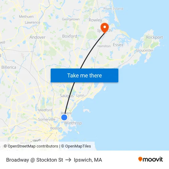Broadway @ Stockton St to Ipswich, MA map