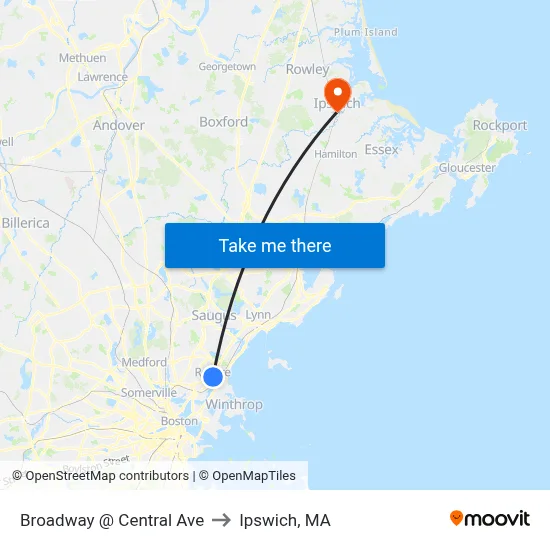 Broadway @ Central Ave to Ipswich, MA map