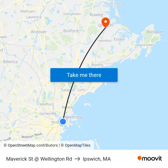 Maverick St @ Wellington Rd to Ipswich, MA map