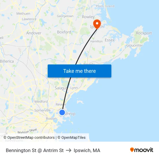 Bennington St @ Antrim St to Ipswich, MA map