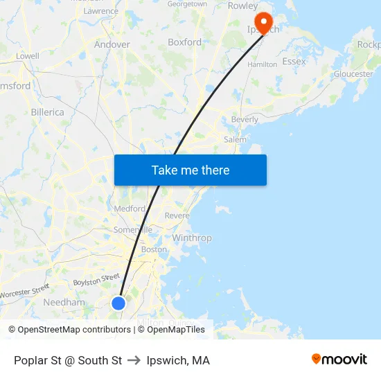 Poplar St @ South St to Ipswich, MA map