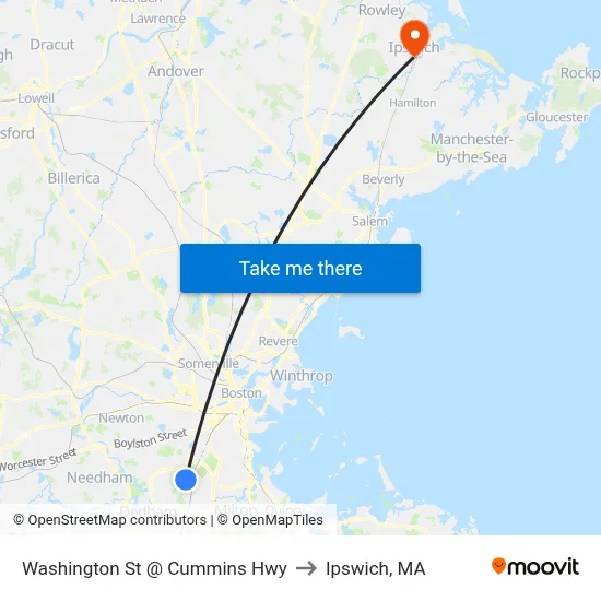 Washington St @ Cummins Hwy to Ipswich, MA map