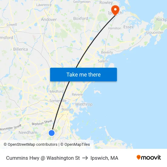 Cummins Hwy @ Washington St to Ipswich, MA map