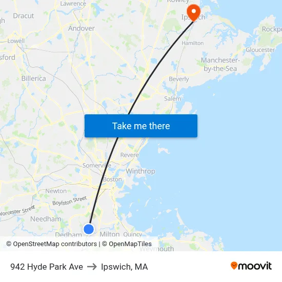 942 Hyde Park Ave to Ipswich, MA map