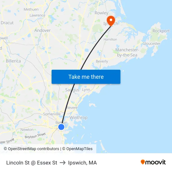 Lincoln St @ Essex St to Ipswich, MA map