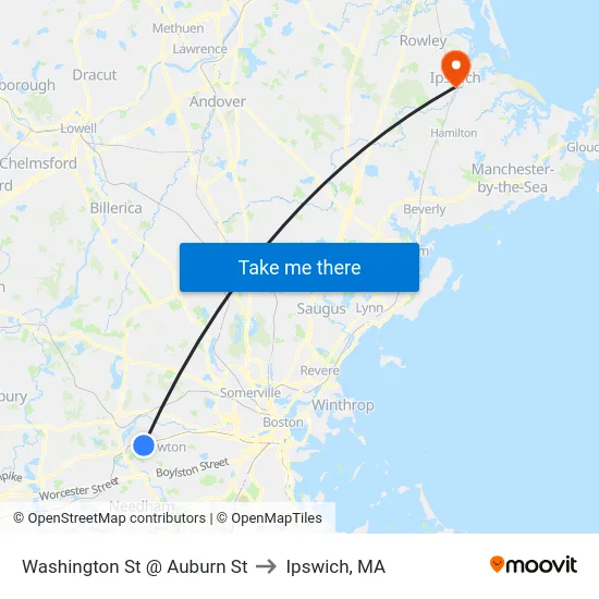 Washington St @ Auburn St to Ipswich, MA map