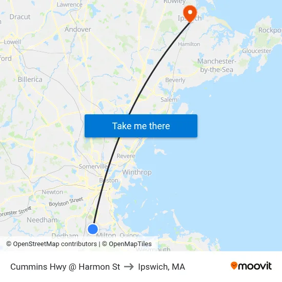 Cummins Hwy @ Harmon St to Ipswich, MA map