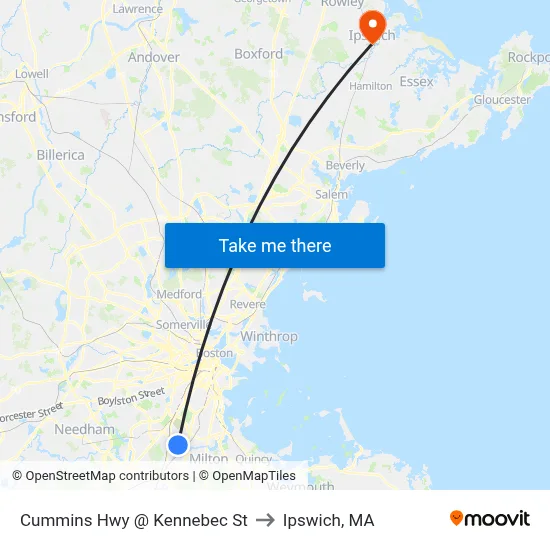 Cummins Hwy @ Kennebec St to Ipswich, MA map