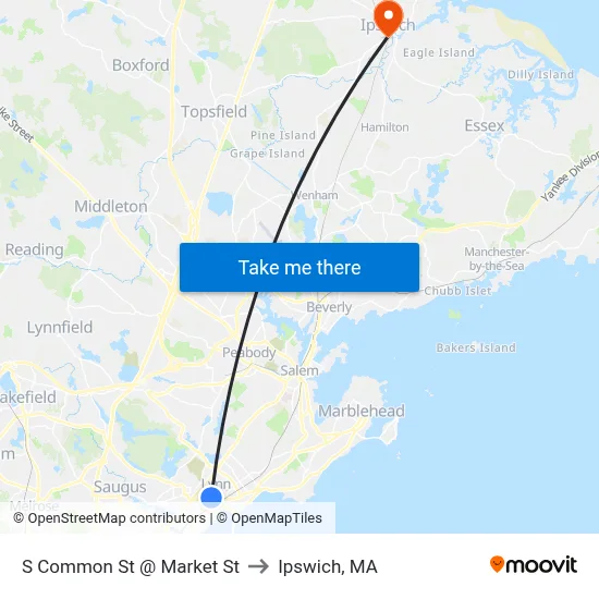 S Common St @ Market St to Ipswich, MA map