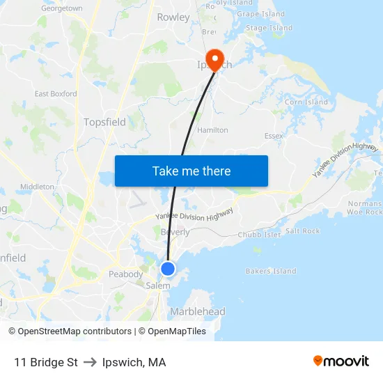 11 Bridge St to Ipswich, MA map