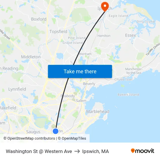 Washington St @ Western Ave to Ipswich, MA map
