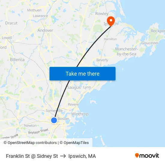 Franklin St @ Sidney St to Ipswich, MA map