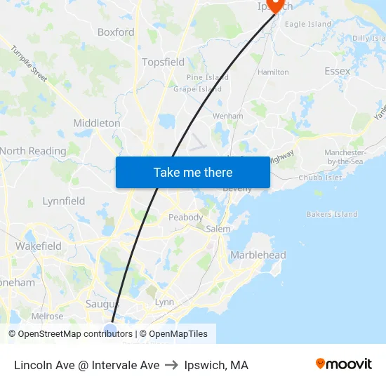 Lincoln Ave @ Intervale Ave to Ipswich, MA map