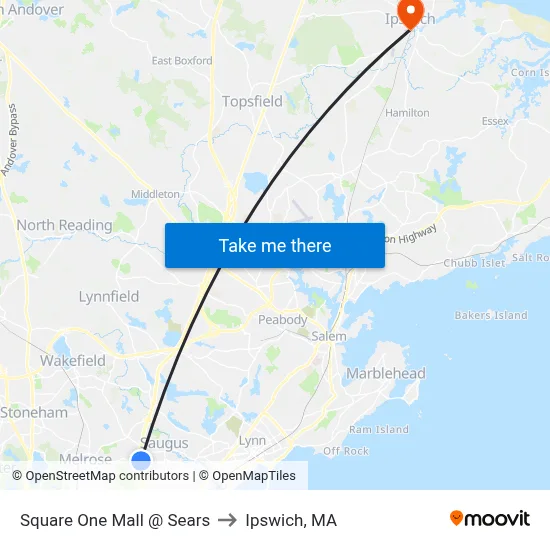 Square One Mall @ Sears to Ipswich, MA map