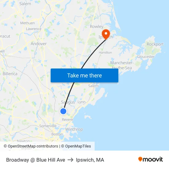 Broadway @ Blue Hill Ave to Ipswich, MA map