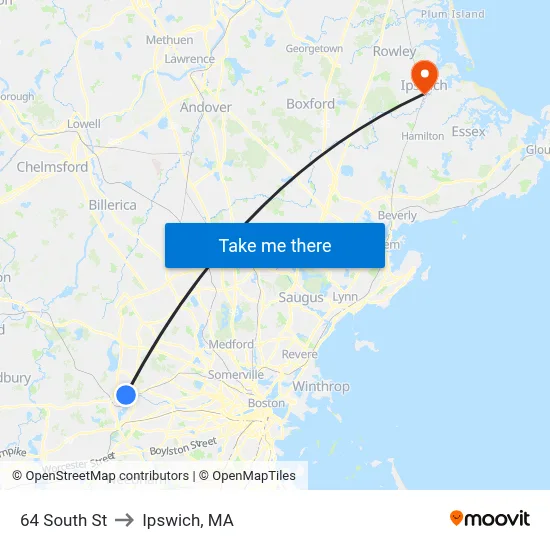 64 South St to Ipswich, MA map