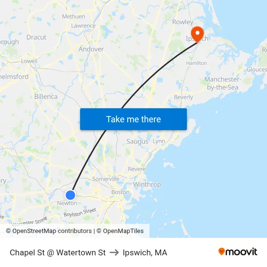 Chapel St @ Watertown St to Ipswich, MA map