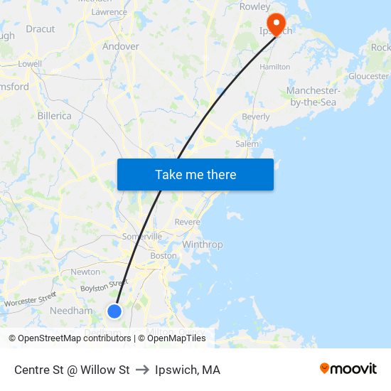 Centre St @ Willow St to Ipswich, MA map