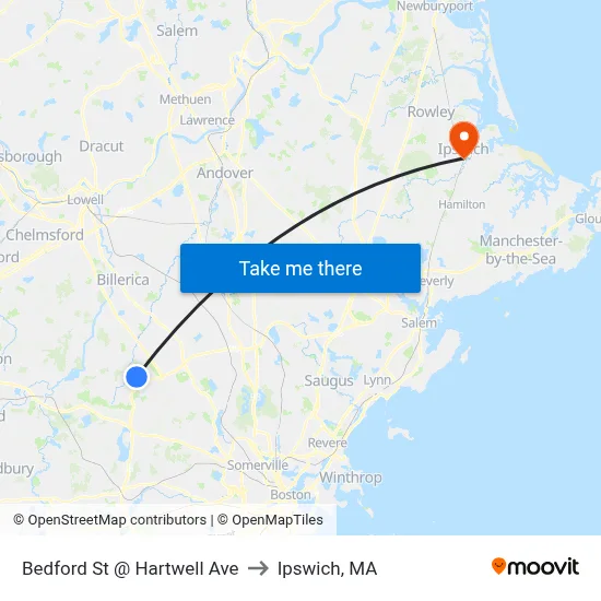 Bedford St @ Hartwell Ave to Ipswich, MA map